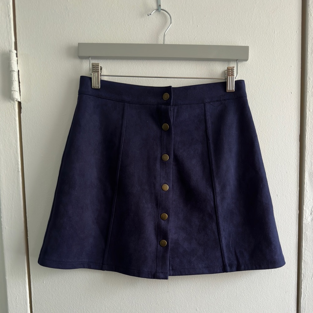 A line Button Front Suede Navy Blue Mini Skirt Size XS